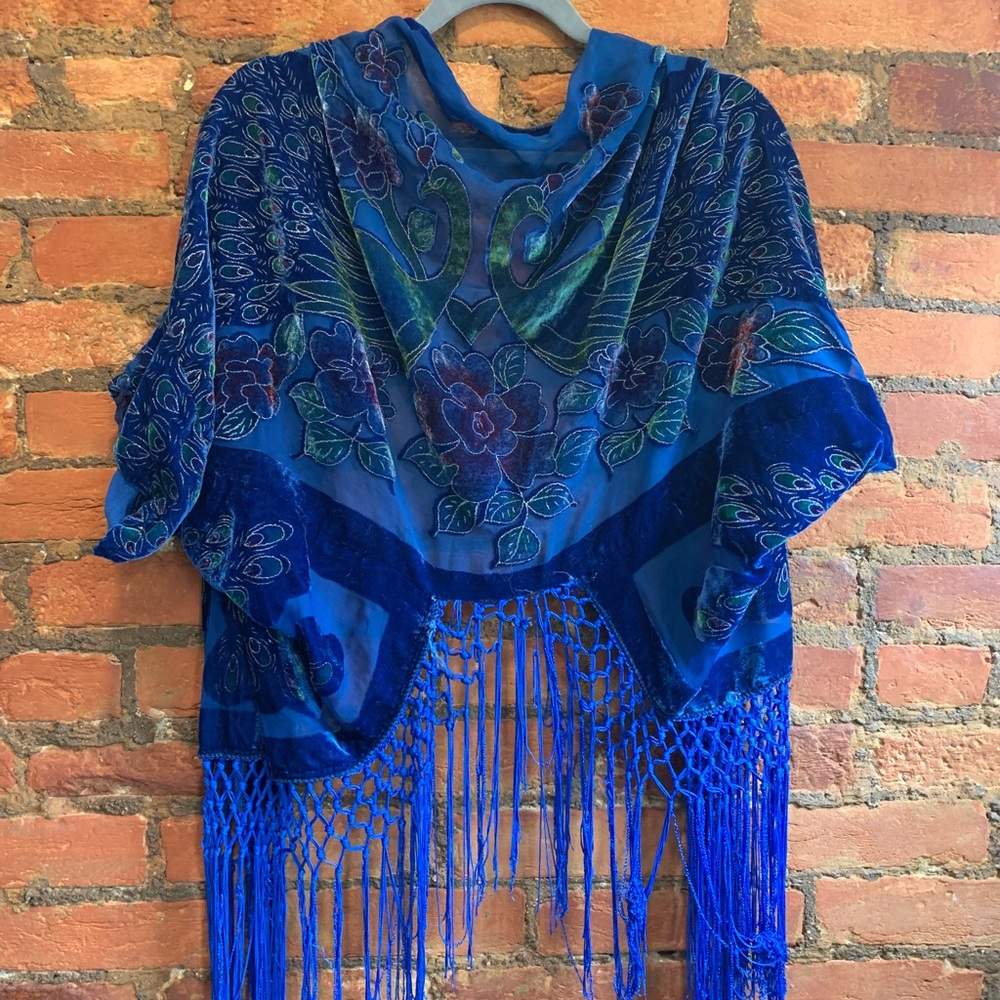 Velvet Kimono Co. Royal Blue Cropped Kimono with Peacock Detail